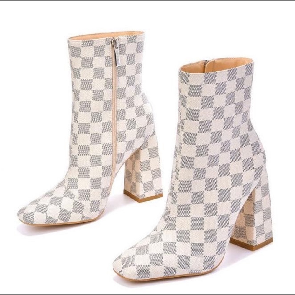 Checker Chunky Heel Booties